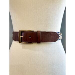 Vintage Boho Brown Leather Belt Gold Brass Buckle Mixed Braided, Men's XL